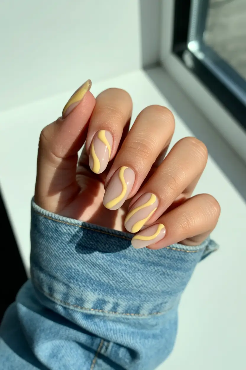 chic spring oval nails 2026 Butter Yellow Waves on Sheer Oval