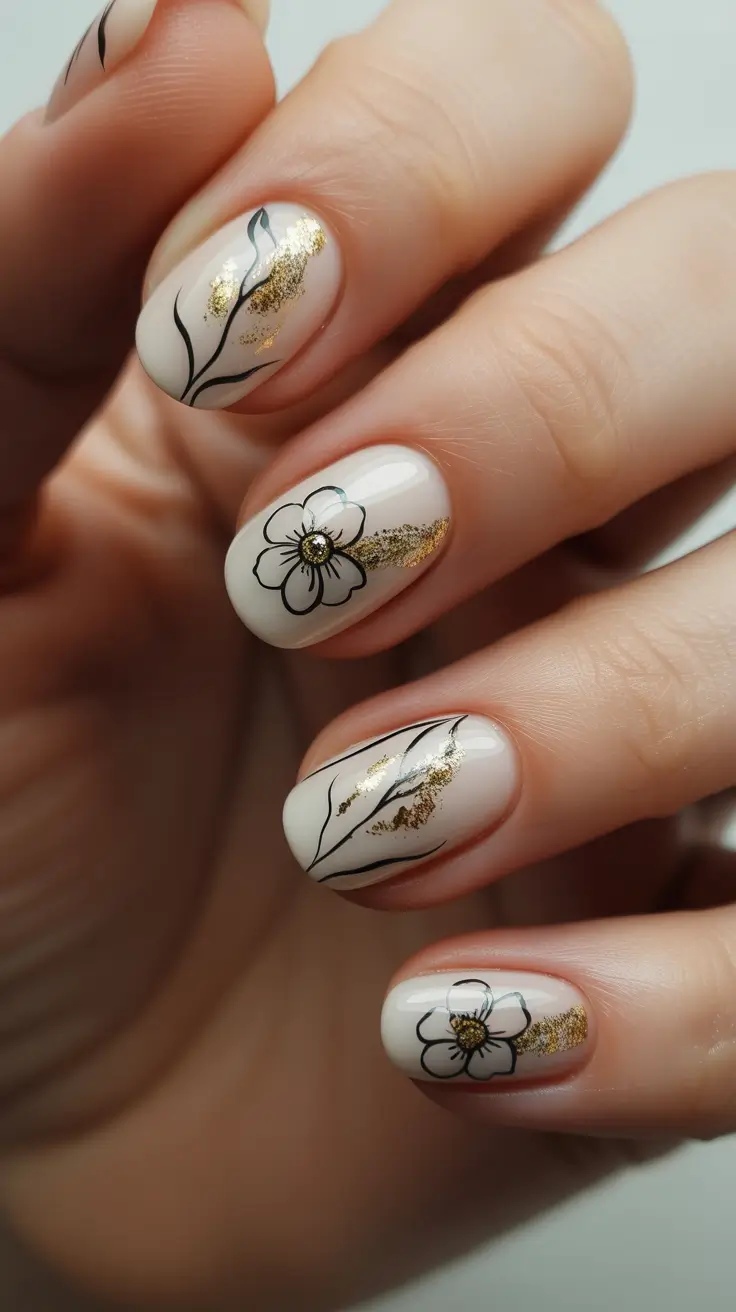 chic spring oval nails 2026 Neutral Floral with Gold Foil Detail