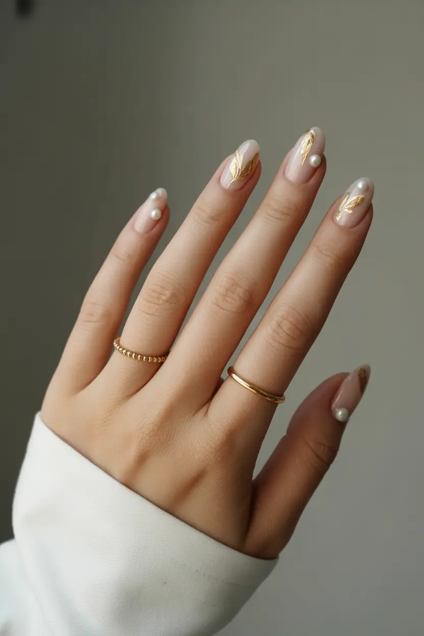 chic spring oval nails 2026 Soft Nude with Gold Leaves and Pearls