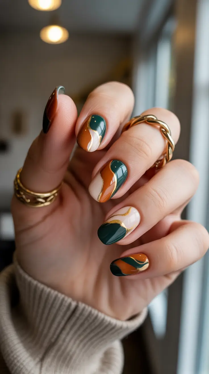 chic spring oval nails 2026 Deep Green and Caramel Color Block Oval