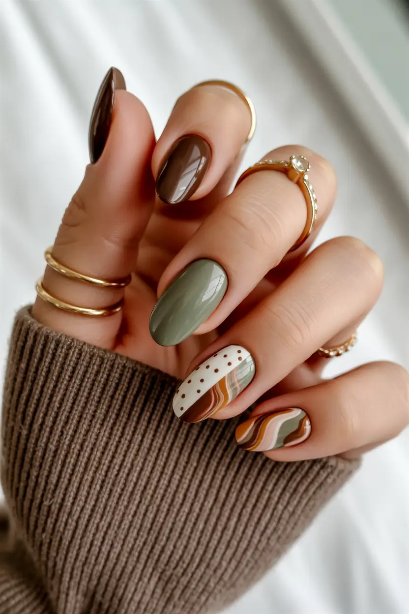 chic spring oval nails 2026 Earthy Mix with Sage and Chocolate Accents