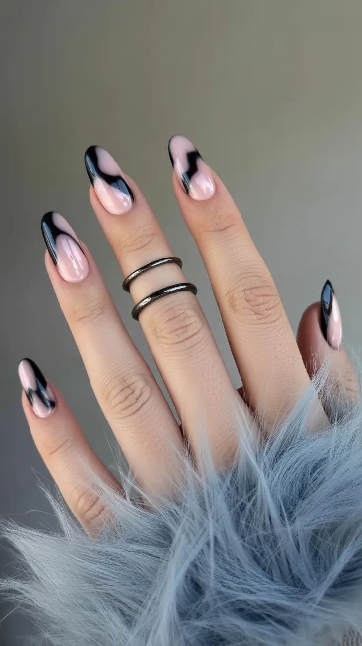 chic spring oval nails 2026 Blush and Black Modern Wave