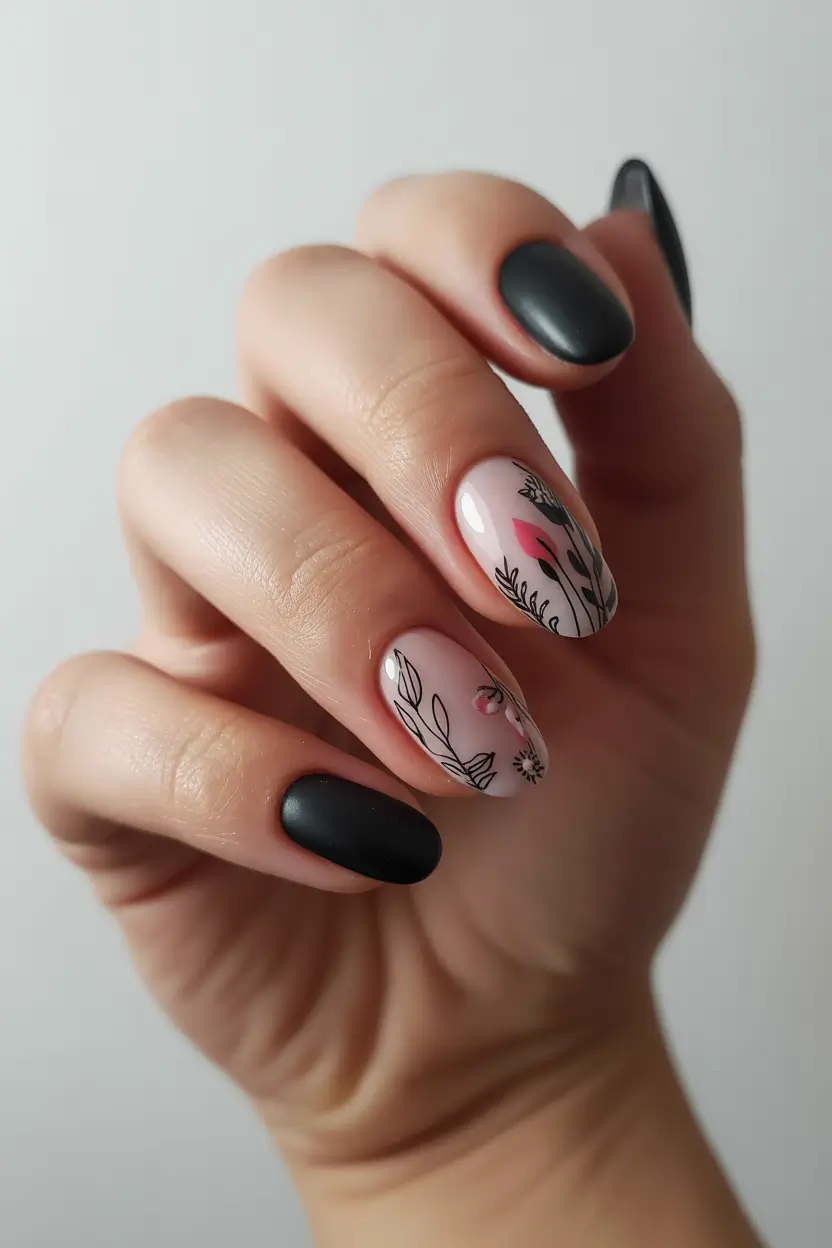 chic spring oval nails 2026 Matte Black and Delicate Floral Contrast