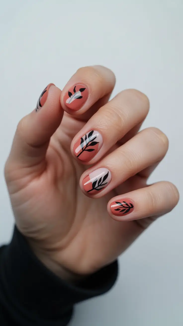 chic spring oval nails 2026 Short Coral Oval with Graphic Leaf Art