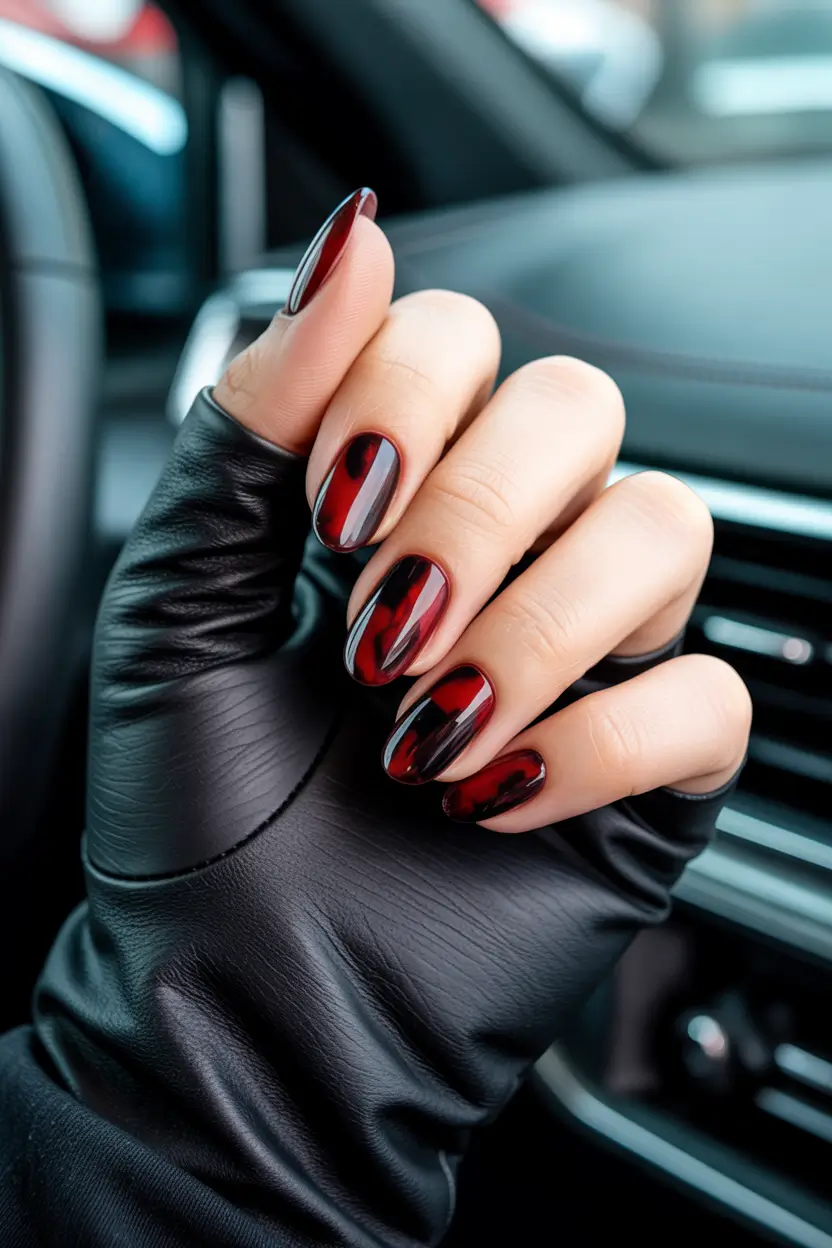 chic spring oval nails 2026 Deep Red Gloss with Chrome Dimension