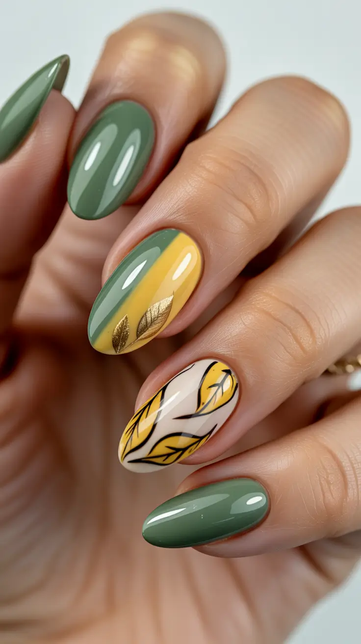 chic spring oval nails 2026 Green and Yellow Botanical Oval
