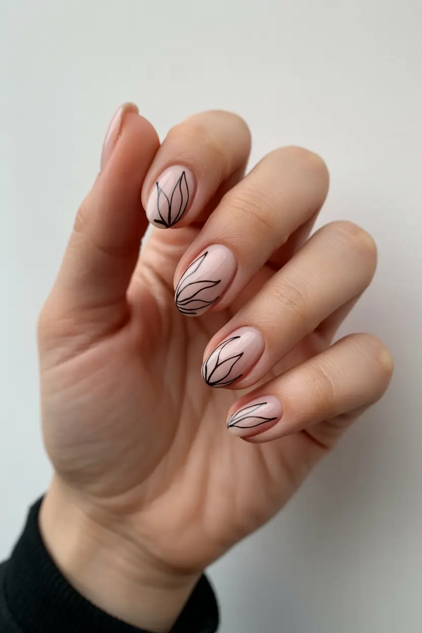 chic spring oval nails 2026 Soft Pink Oval with Minimal Black Line Florals