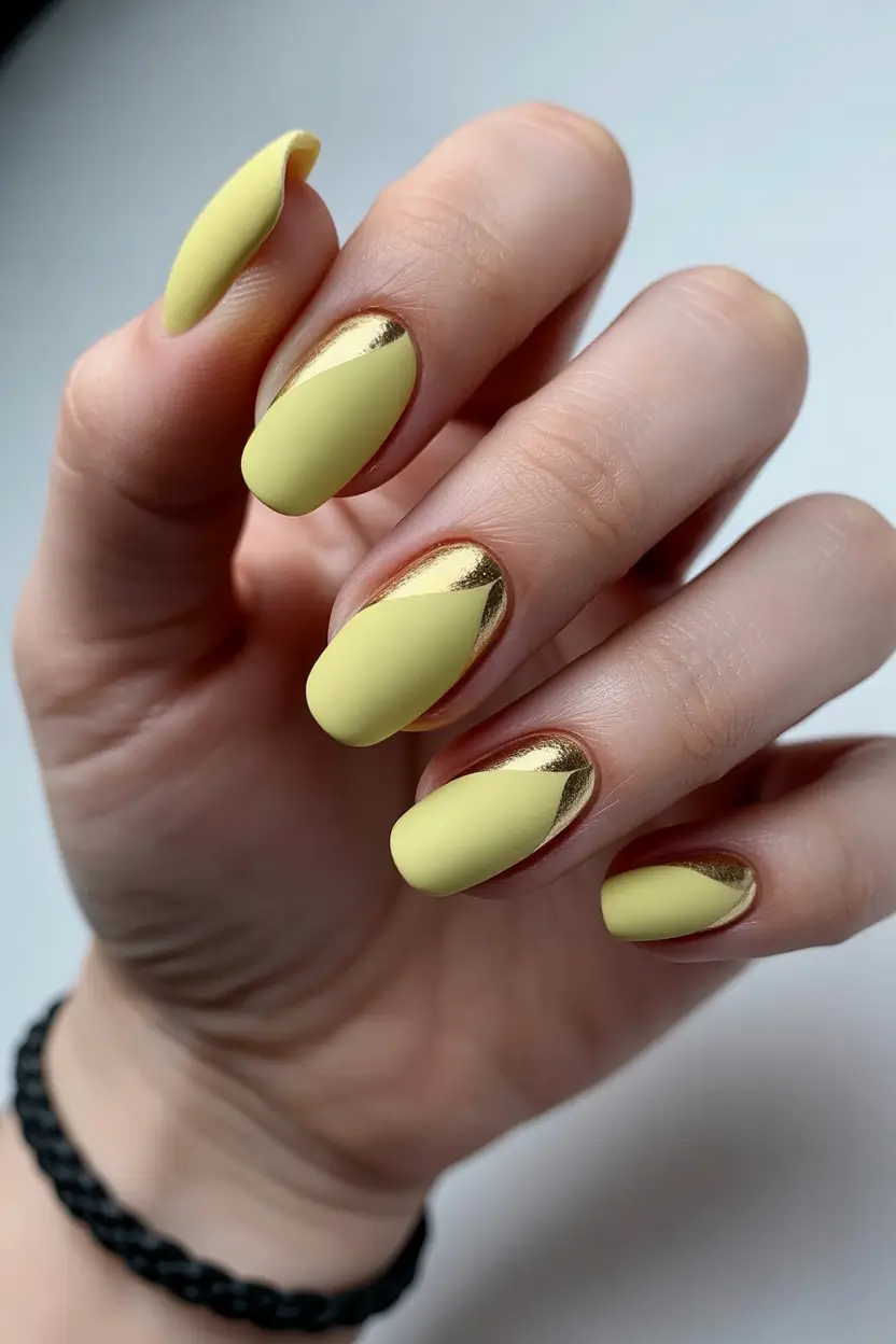 chic spring oval nails 2026 Pastel Yellow with Gold Chrome Accent