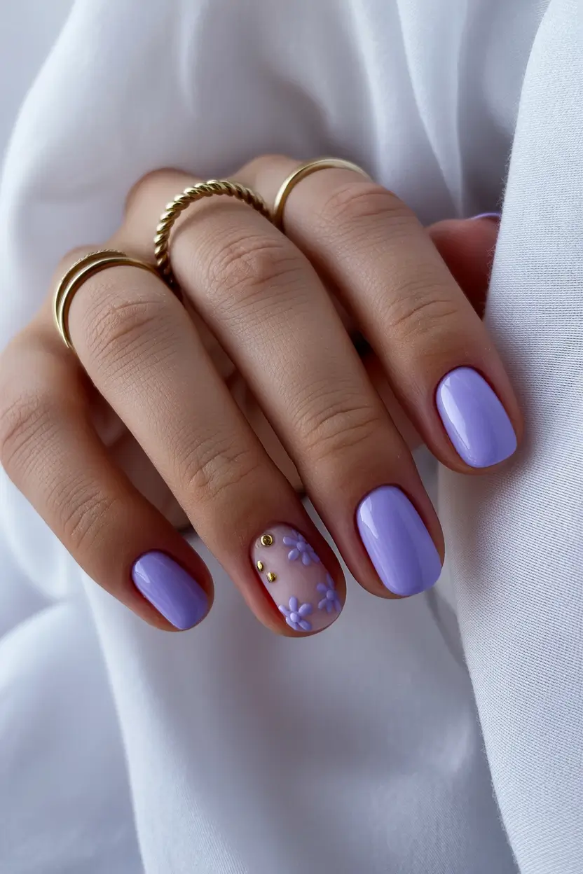 chic spring oval nails 2026 Soft Lavender Short Oval with Floral Accent