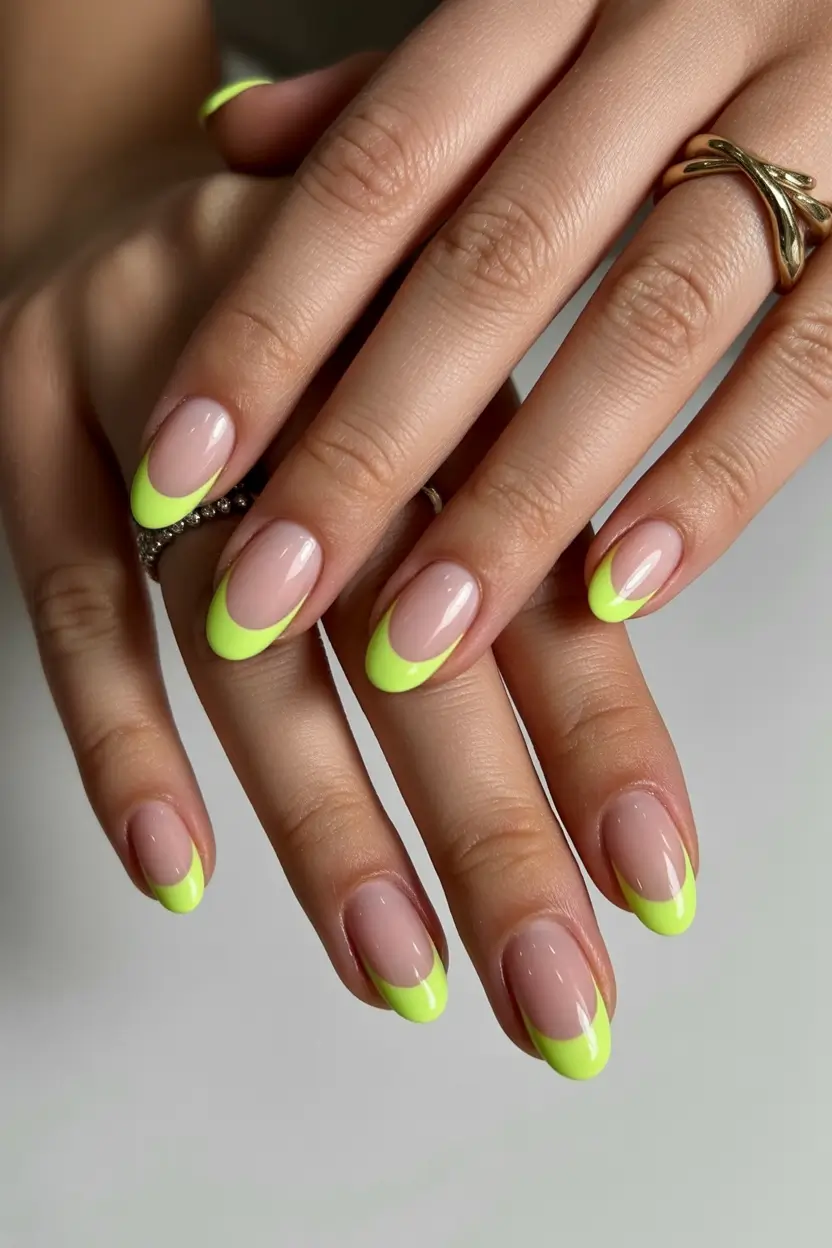 chic spring oval nails 2026 Neon Lime French on Natural Oval
