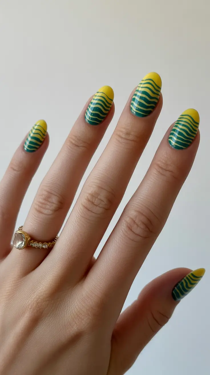 chic spring oval nails 2026 Bold Yellow and Green Graphic Waves