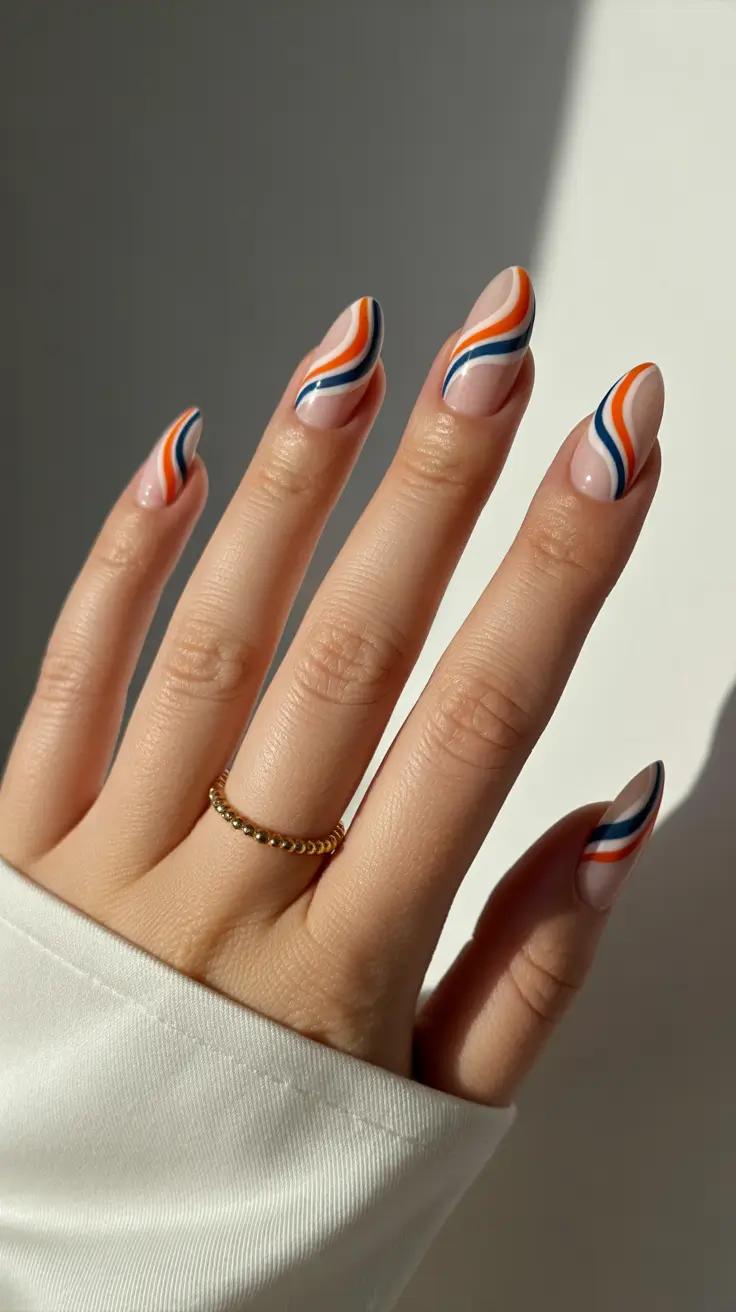 chic spring oval nails 2026 Retro Orange and Blue Swirl Oval