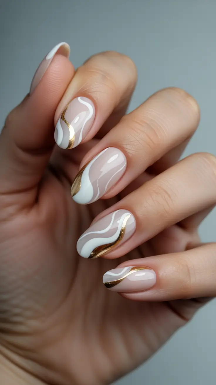 chic spring oval nails 2026 Soft White and Gold Minimalist Swirl