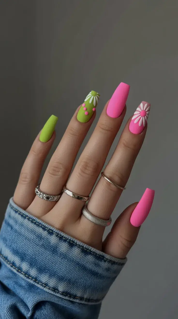 cute easter nail art ideas 2026 Neon Daisy Easter Nails That Instantly Lift the Mood