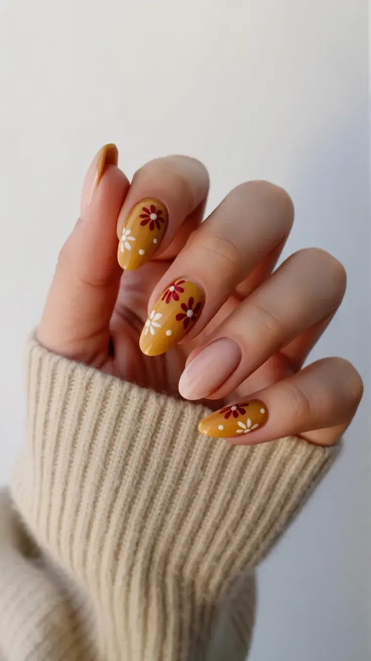 cute easter nail art ideas 2026 Warm Mustard Floral Spring Nails
