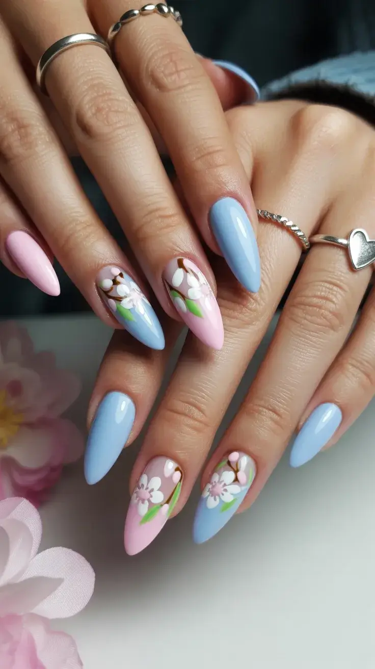 cute easter nail art ideas 2026 Soft Blue and Pink Floral Easter Nails