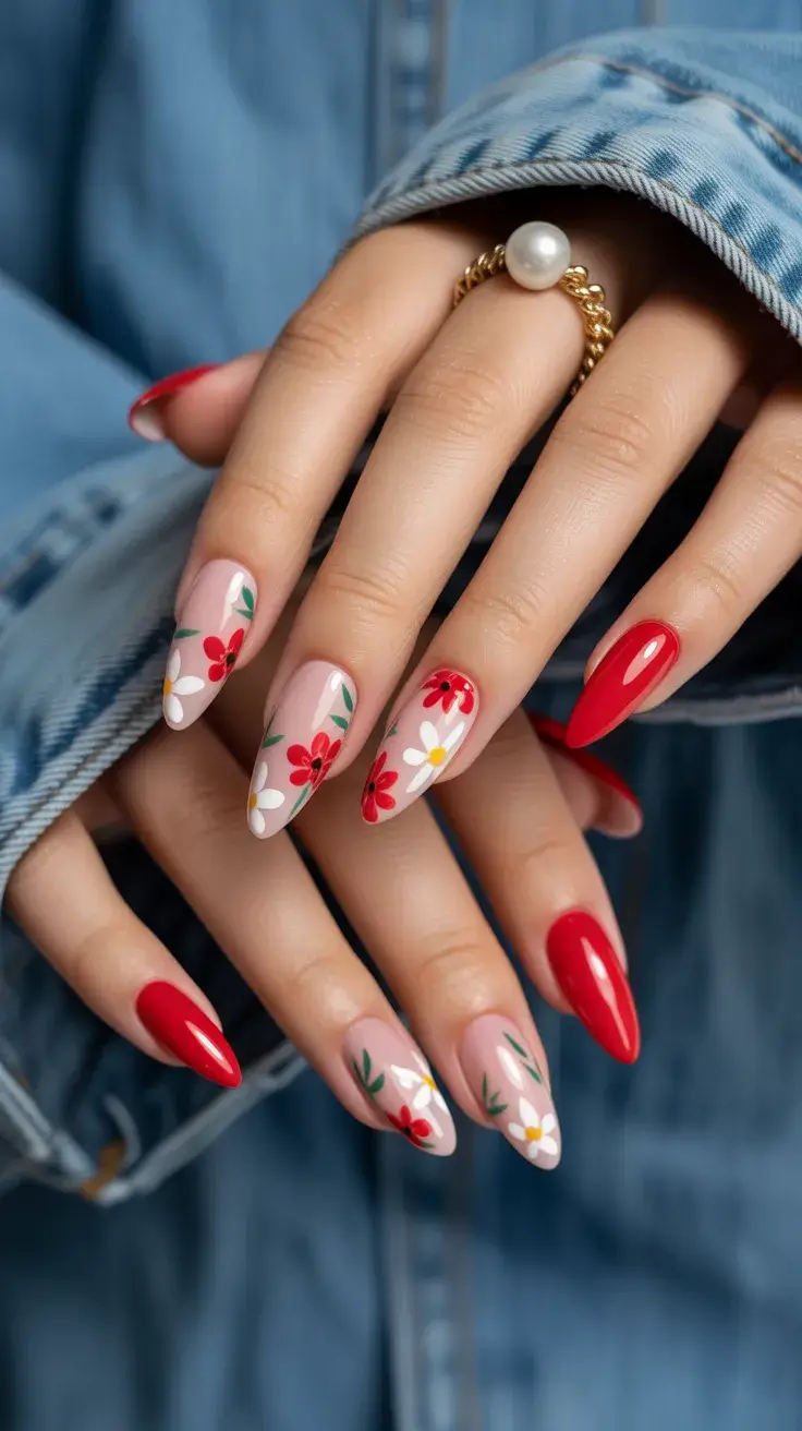 cute easter nail art ideas 2026 Cherry Red Floral Easter Nails with Playful Spring Energy