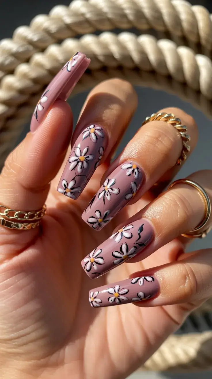 cute easter nail art ideas 2026 Soft Lavender Daisy Nails for a Sweet Pastel Easter Look