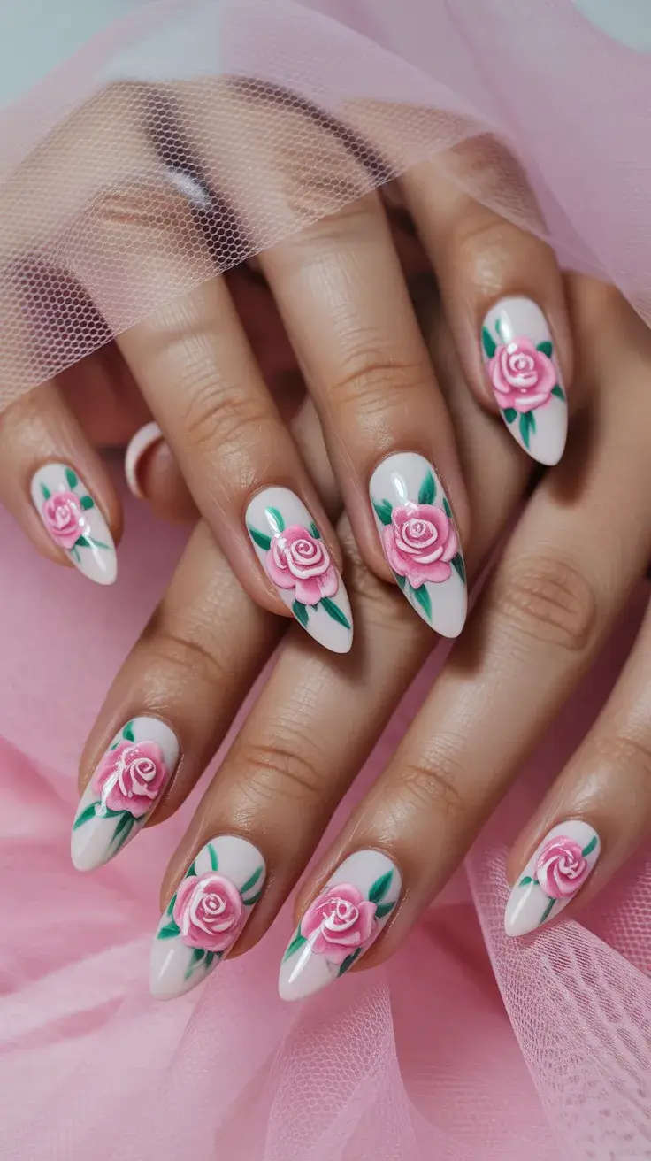 cute easter nail art ideas 2026 Romantic Pink Rose Nails for an Elegant Easter Manicure