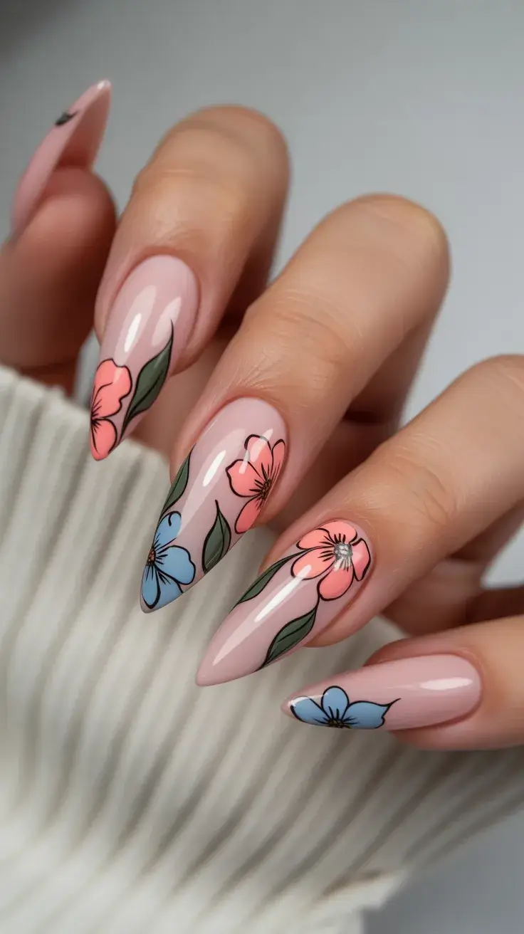 cute easter nail art ideas 2026 Minimal Floral Spring Nails with Soft Pink Base