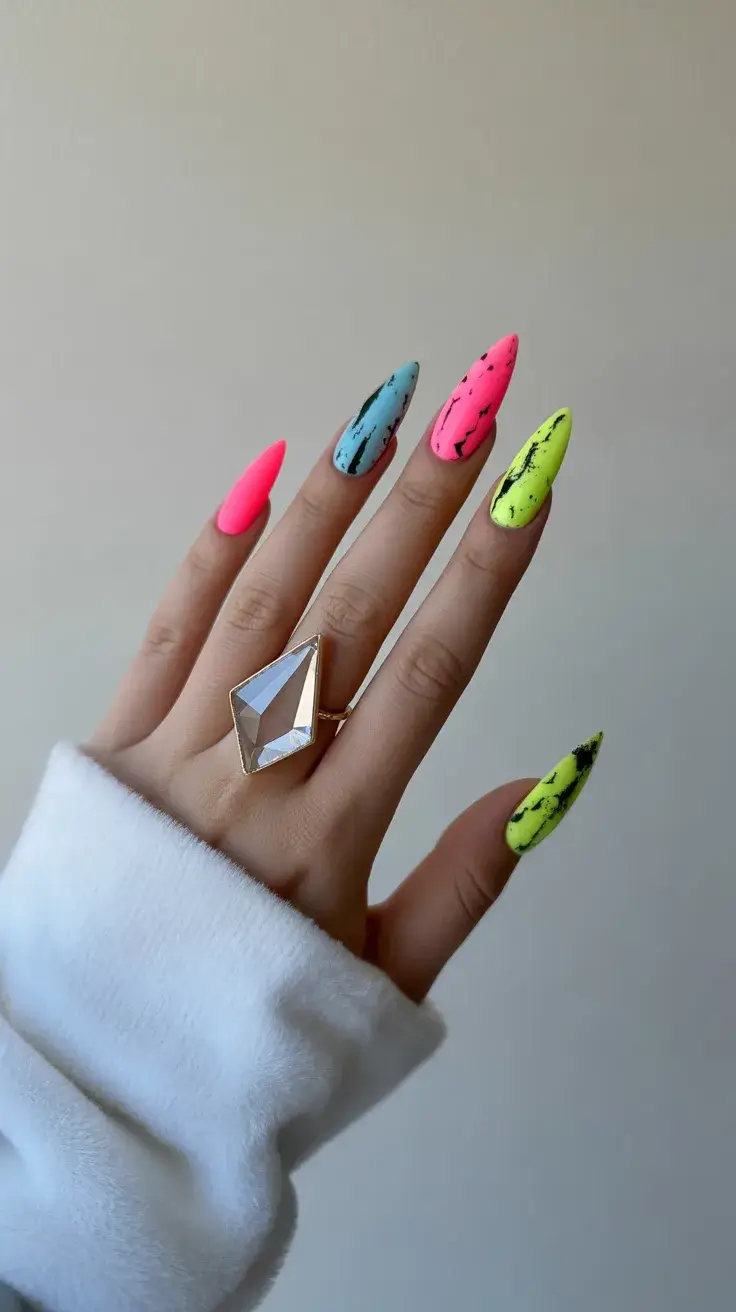 cute easter nail art ideas 2026 Bright Speckled Neon Easter Nails