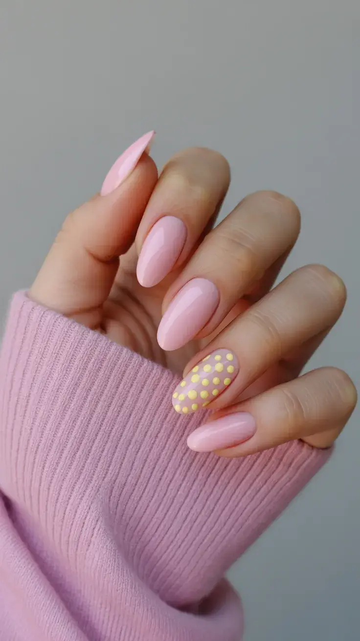 cute easter nail art ideas 2026 Soft Pink Easter Nails With Delicate Polka Dots