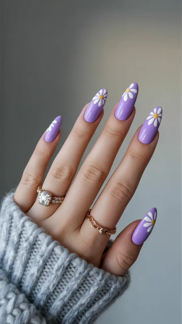 cute easter nail art ideas 2026 Lavender Daisy Spring Nails