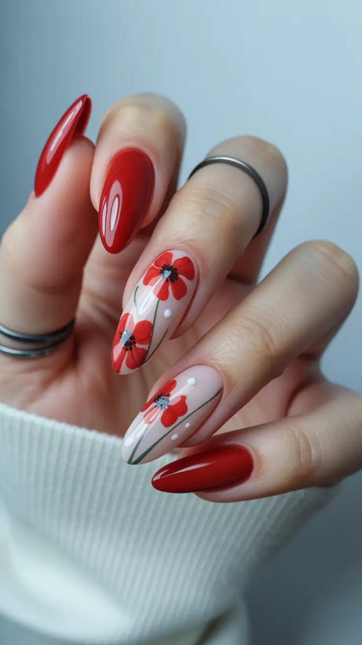 cute red spring nails 2026 glossy cherry almond floral design