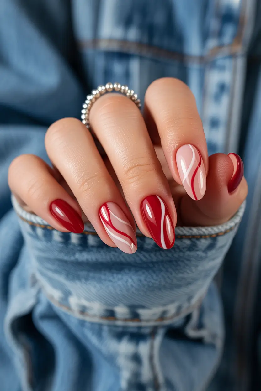 cute red spring nails 2026 abstract red white nail art
