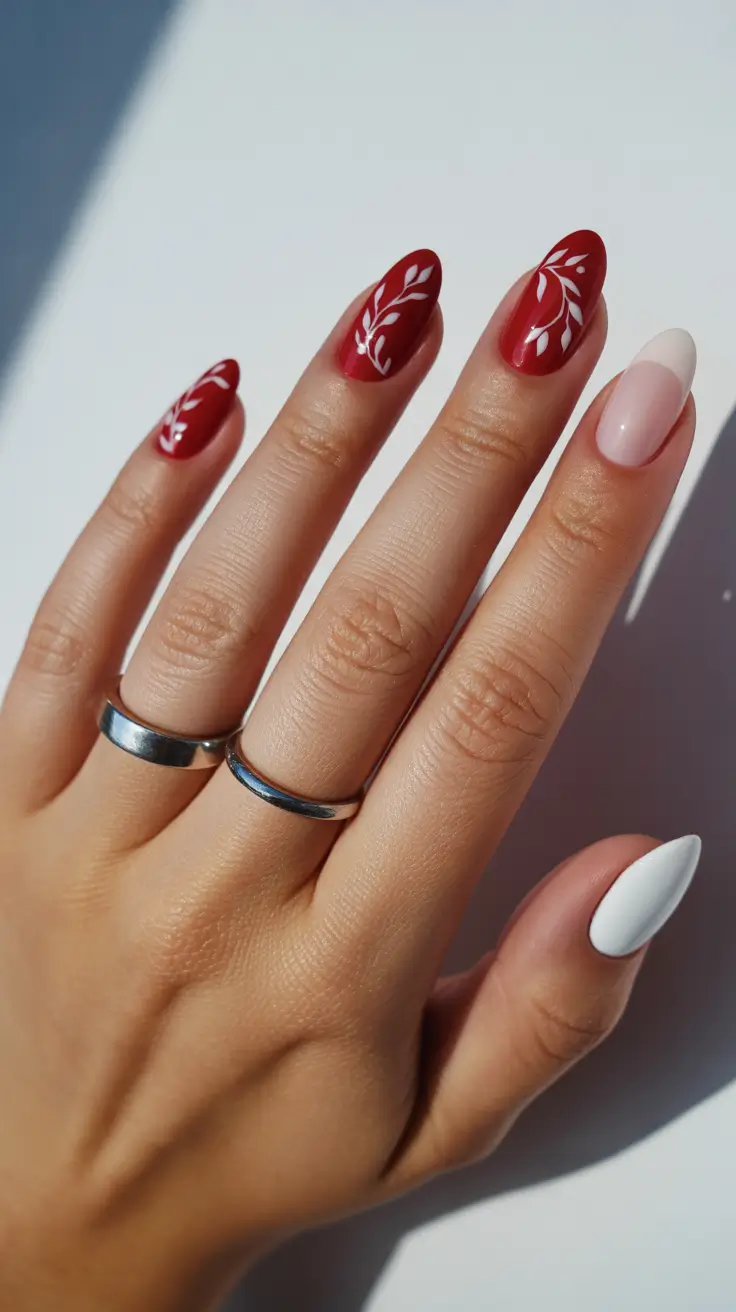 cute red spring nails 2026 red almond white botanical art