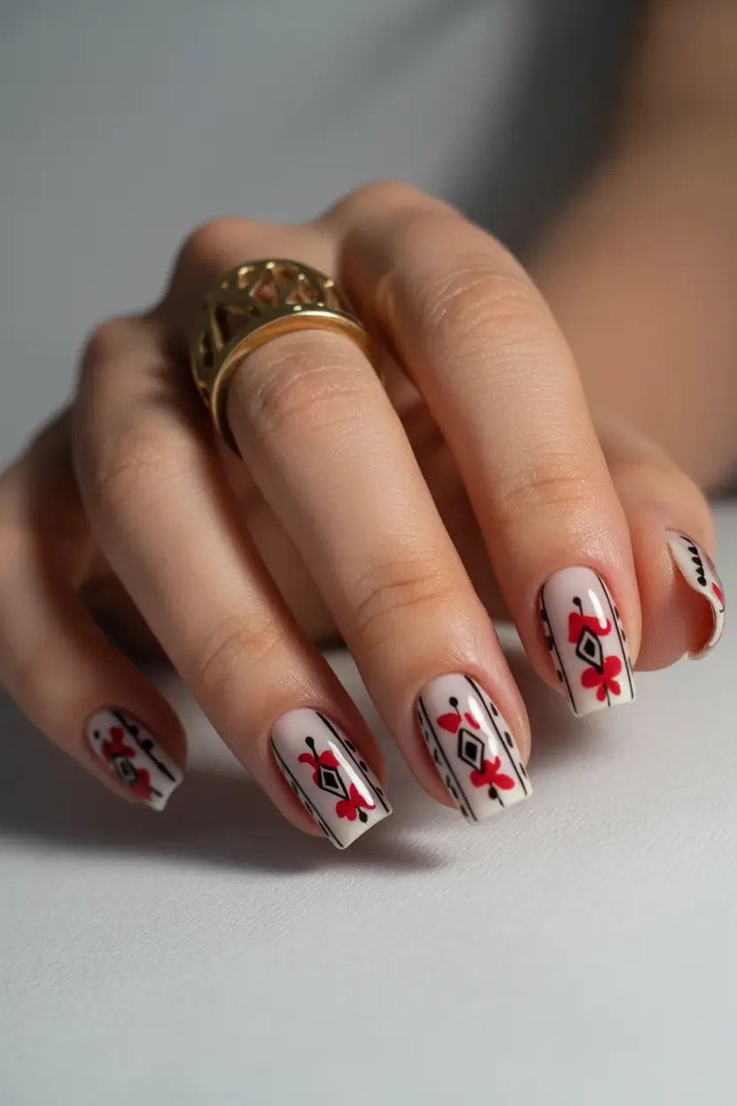 cute red spring nails 2026 black white red folk design