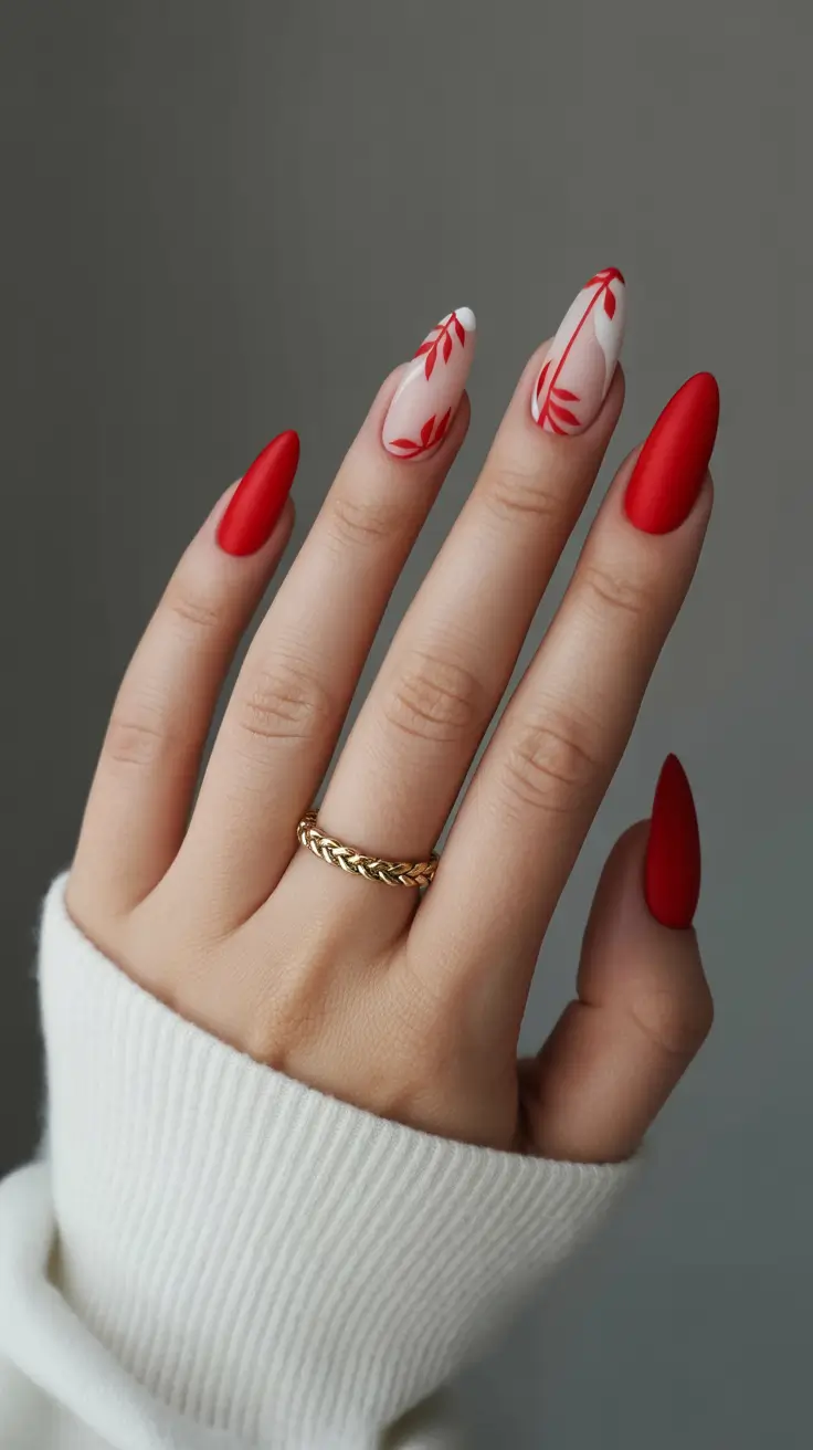 cute red spring nails 2026 minimal red leaf almond design