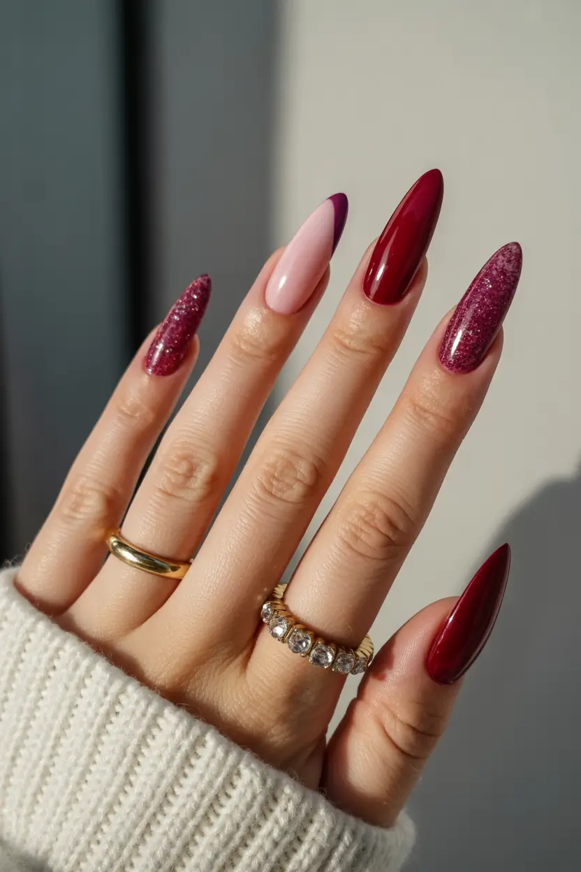 cute red spring nails 2026 Glossy Burgundy and Pink Spring Almond Mix