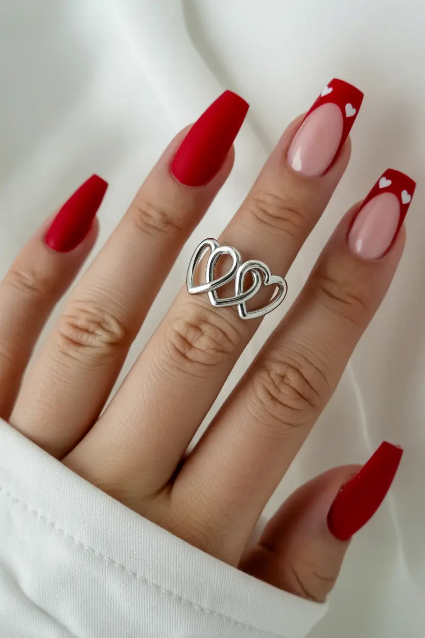 cute red spring nails 2026 Cute Red and Pink Heart French Tips