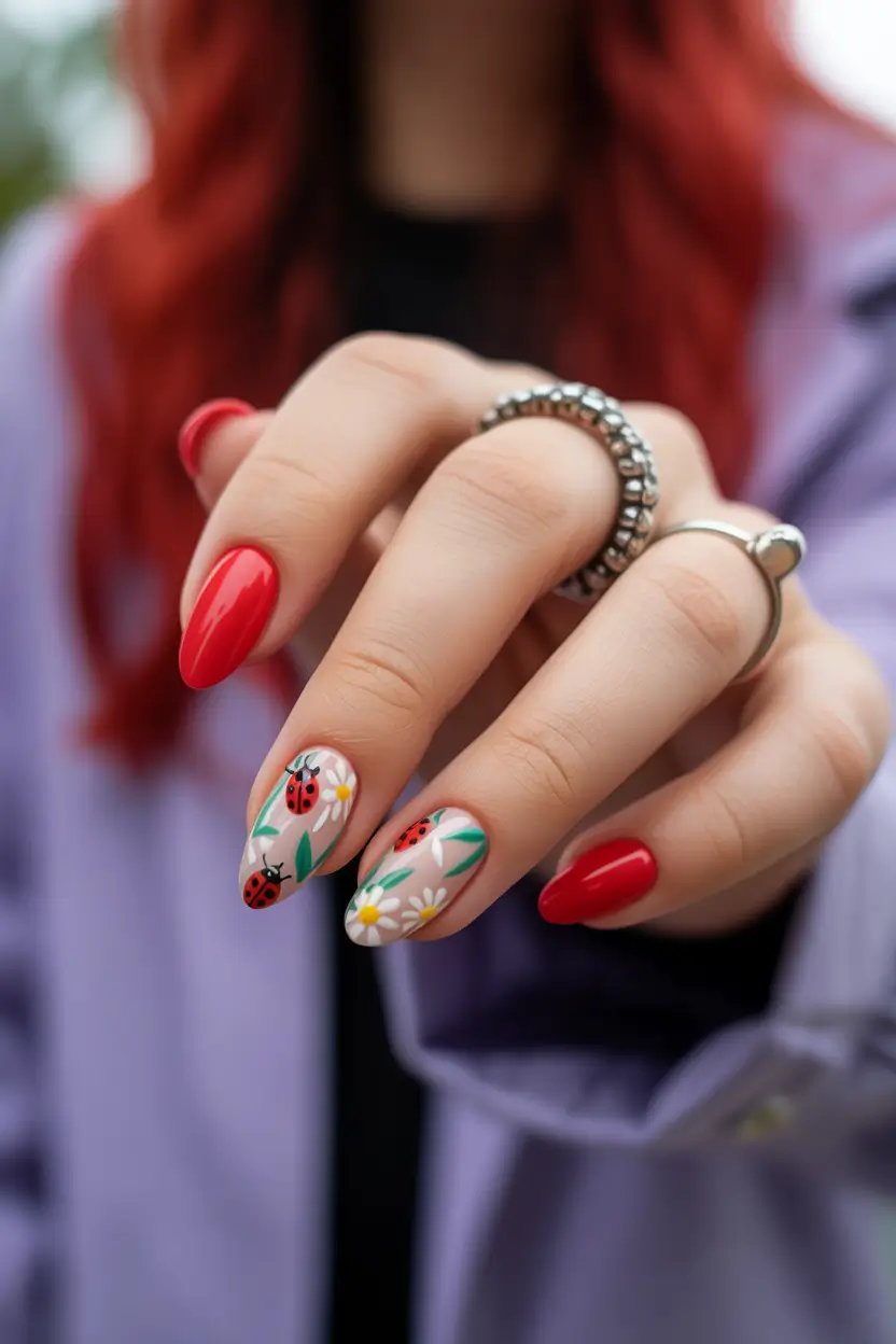cute red spring nails 2026 ladybug daisy nail art design