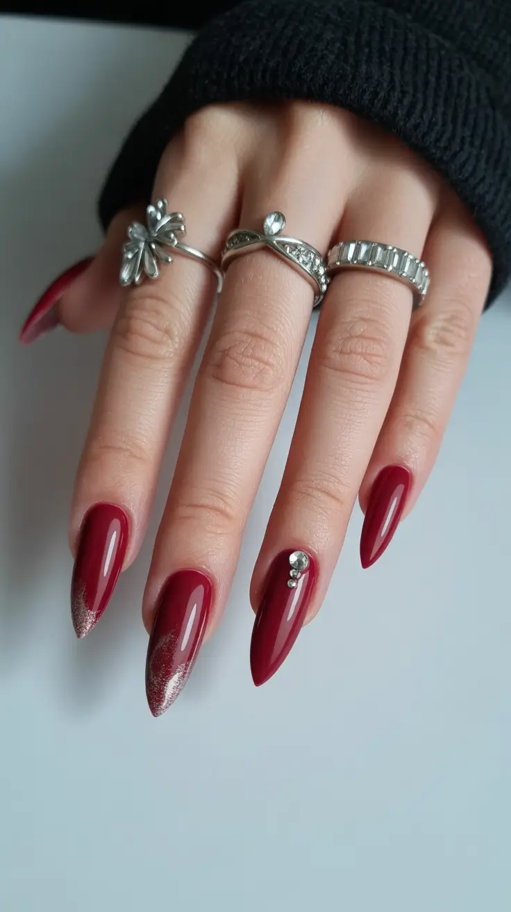 cute red spring nails 2026 Dark Cherry Almond Nails With Subtle Sparkle