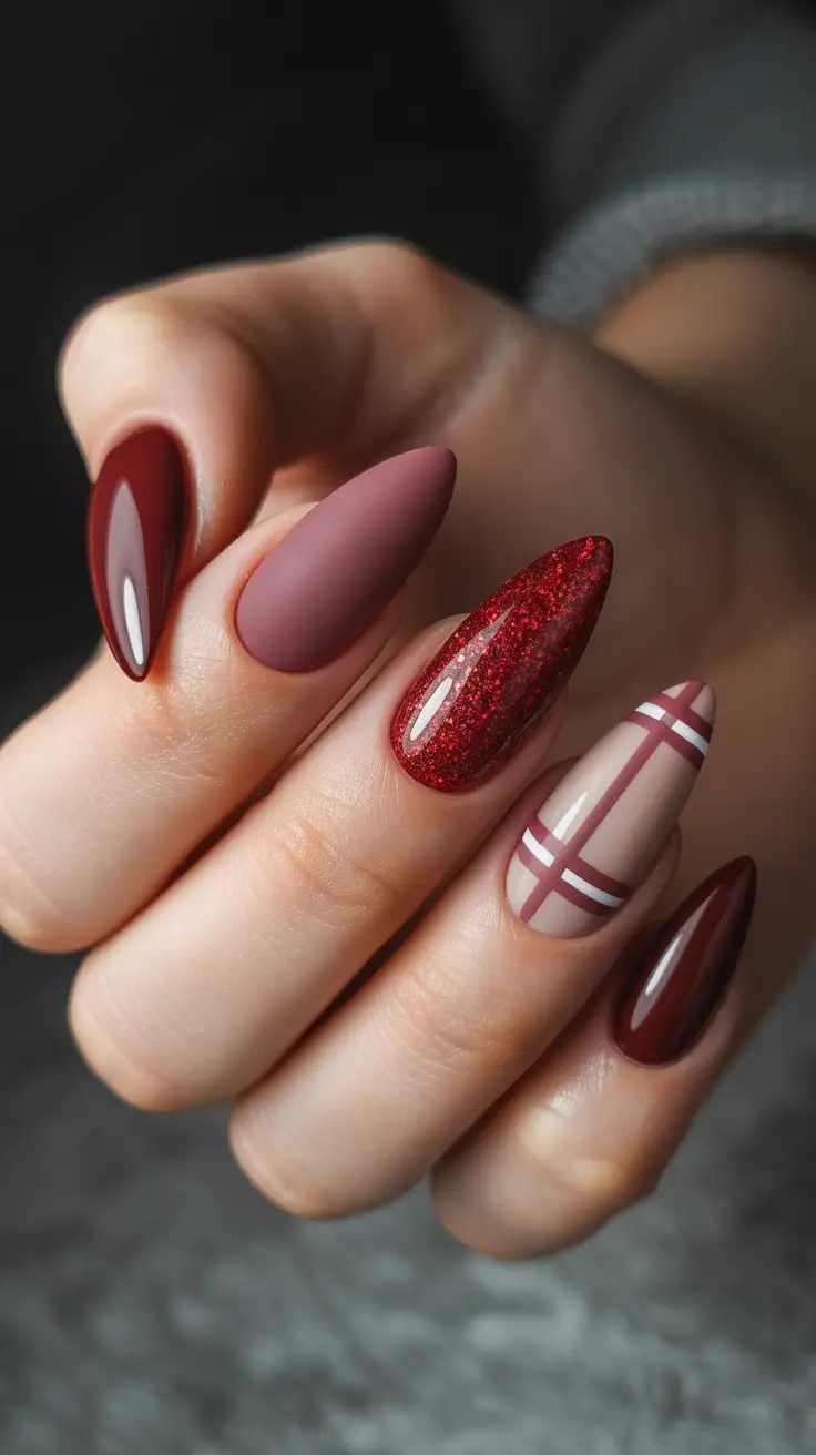cute red spring nails 2026 Dark Cherry Almond Nails With Matte and Glitter Contrast