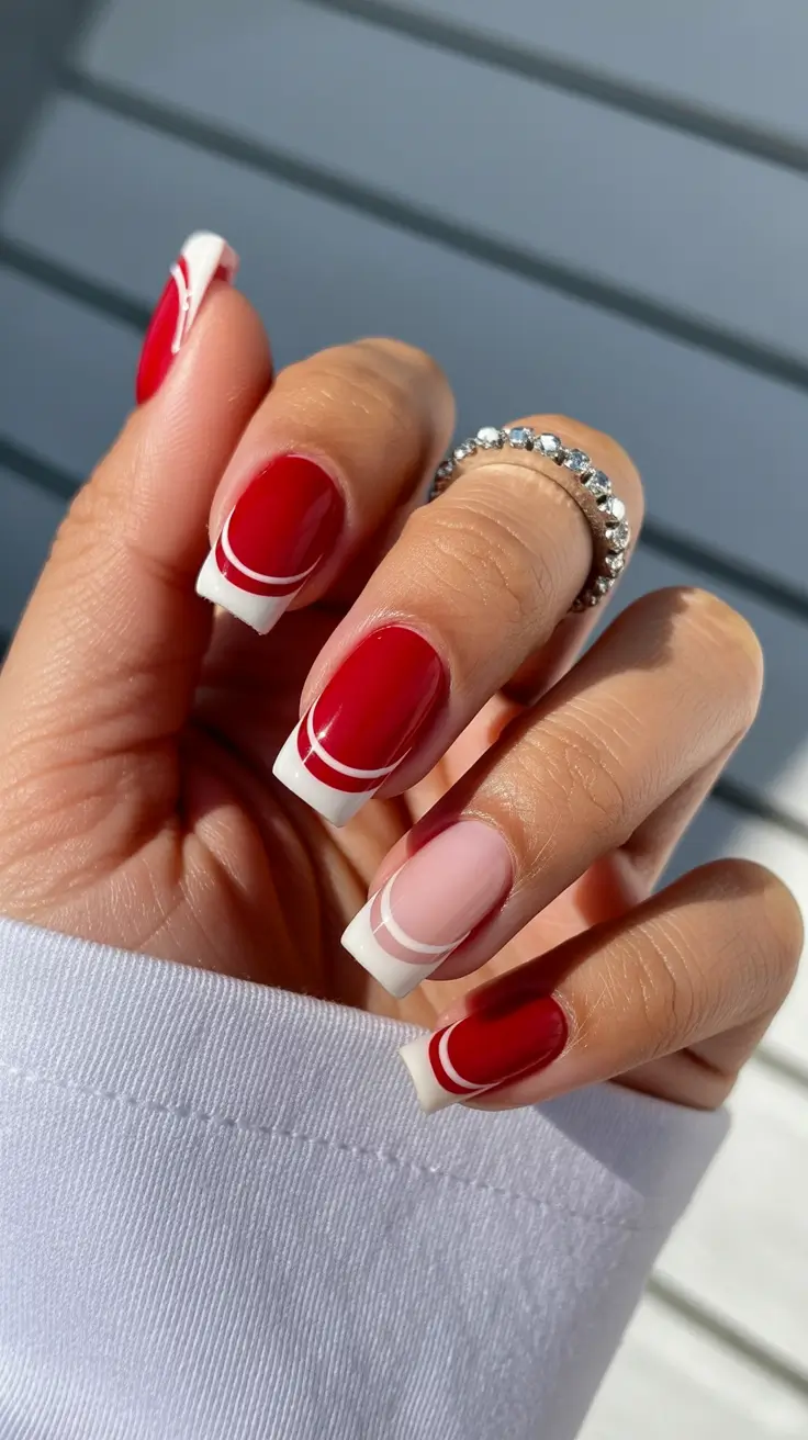 cute red spring nails 2026 Bright Red Square Nails With Double French Lines
