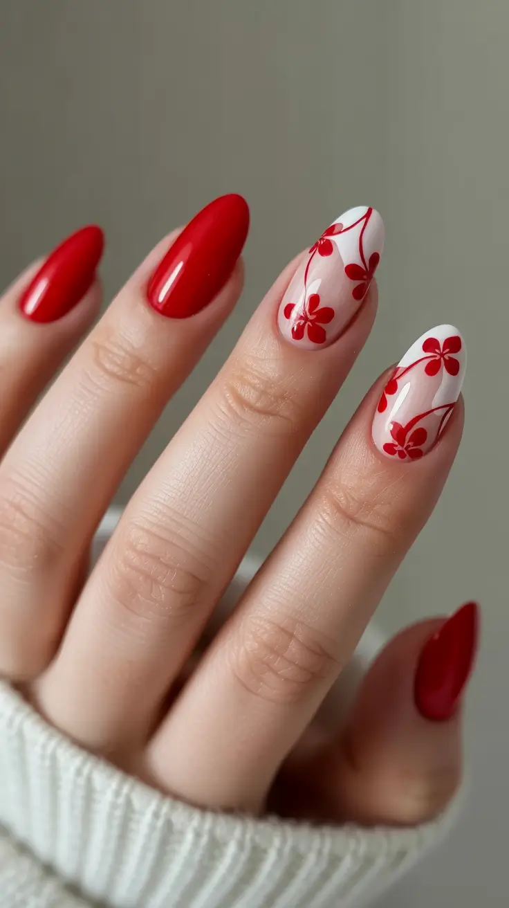 cute red spring nails 2026 minimal red floral nude nail art