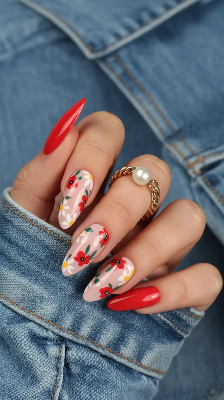 cute red spring nails 2026 bright wildflower nail design