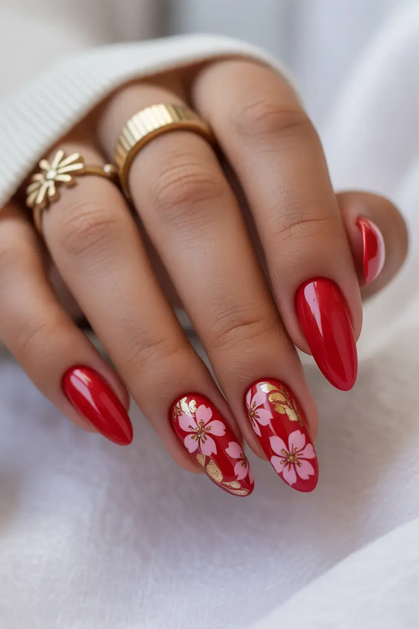 cute red spring nails 2026 elegant blossom gold nail art