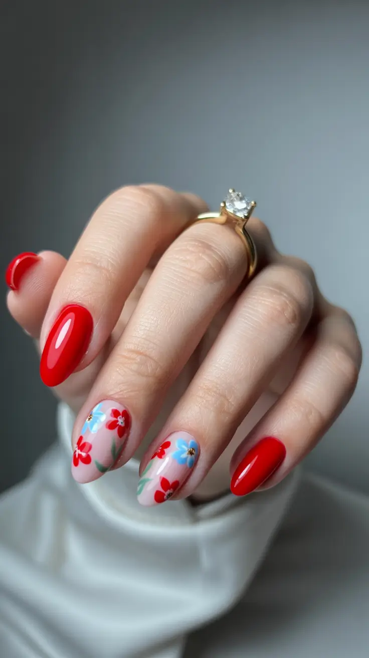 cute red spring nails 2026 pink floral almond nail art