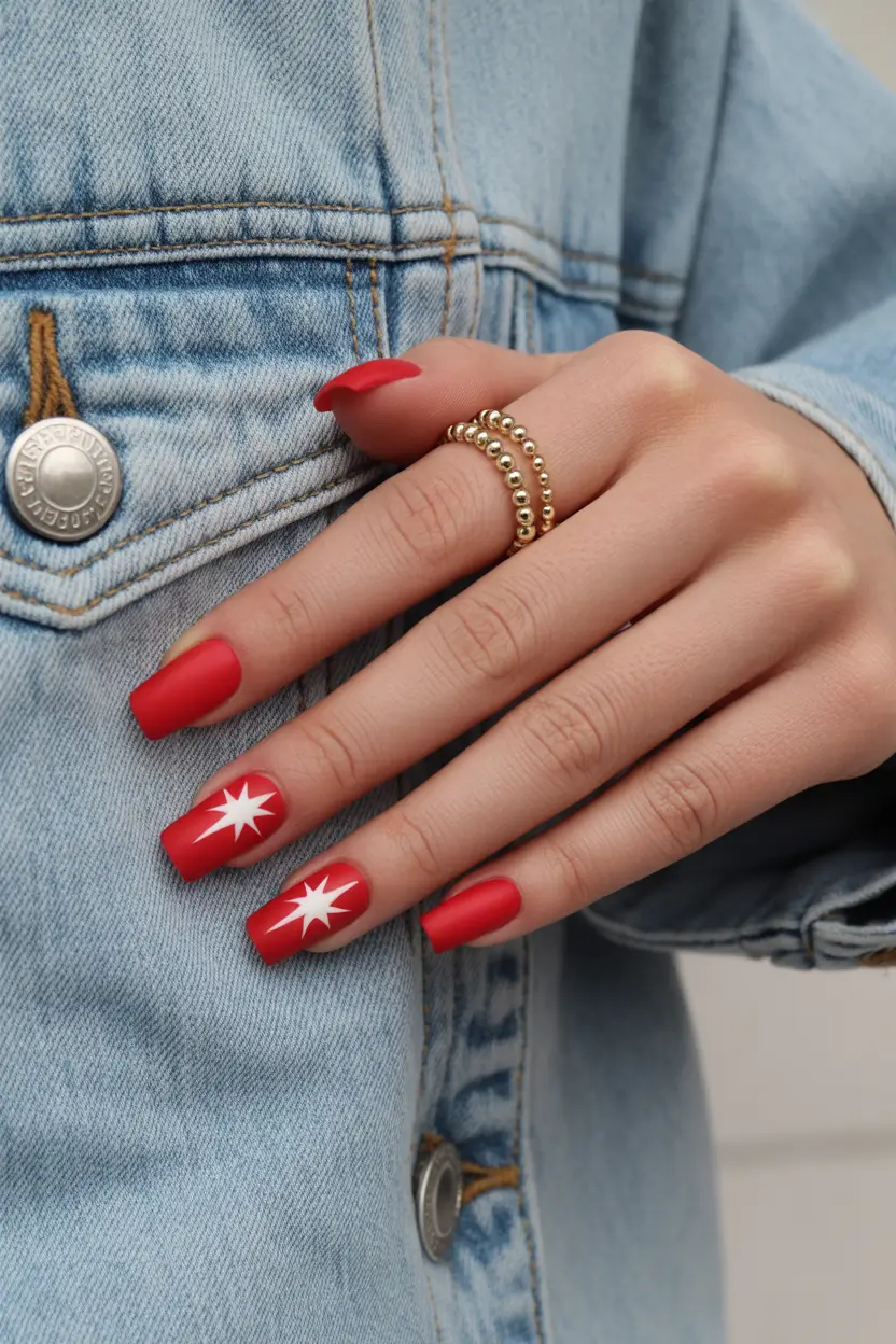 cute red spring nails 2026 matte red star nail design