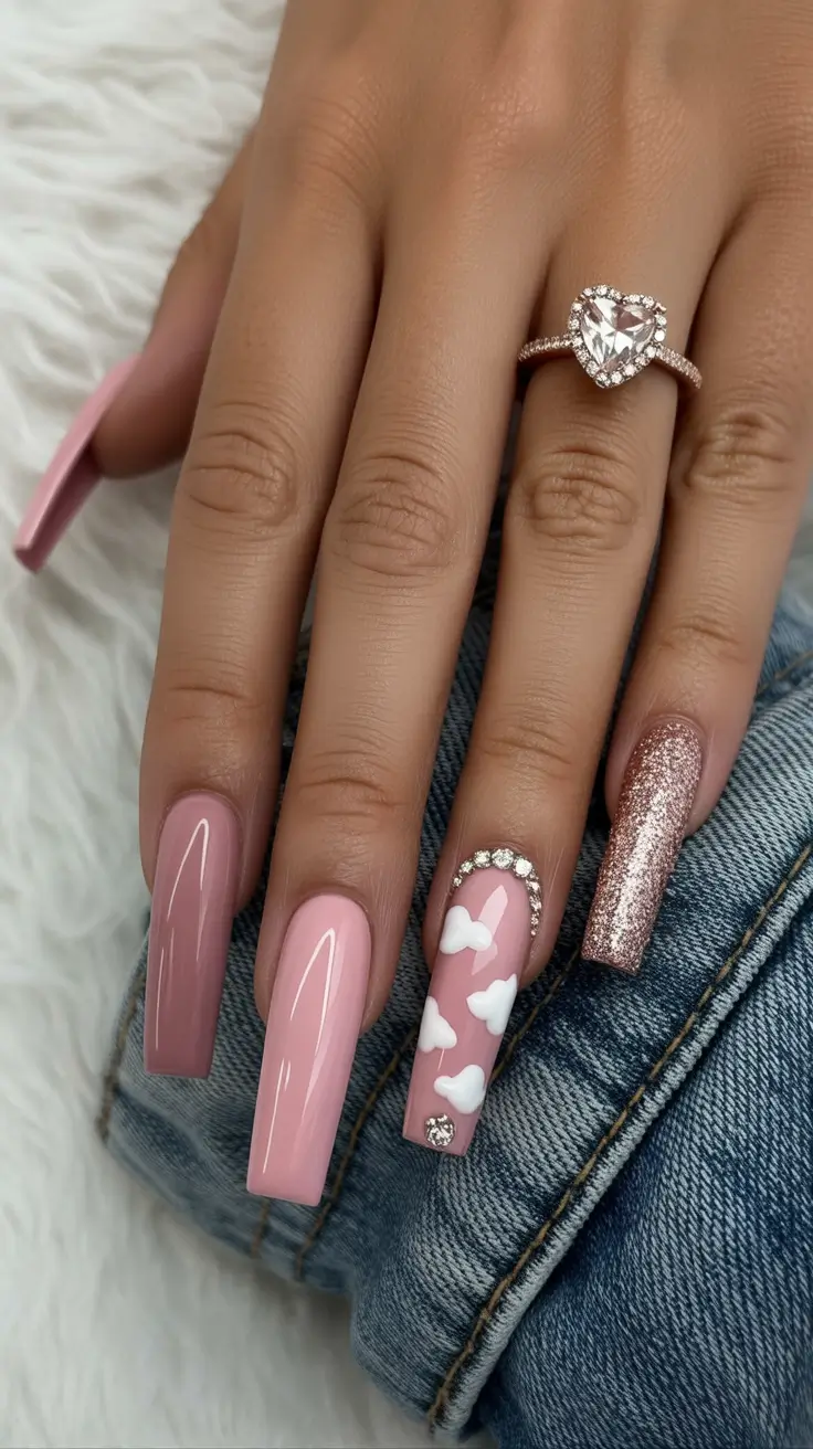 cute spring ballerina nails 2026 Blush Pink Hearts with Glitter Glam