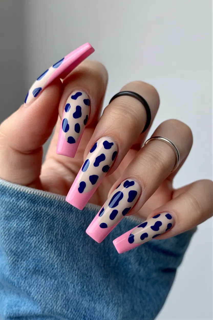 cute spring ballerina nails 2026 Pink and Blue Cow Print Mix