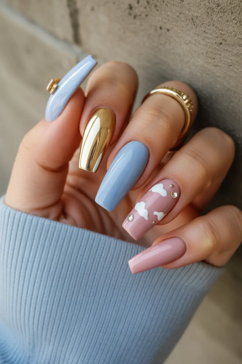 cute spring ballerina nails 2026 Blue and Blush with Gold Accent