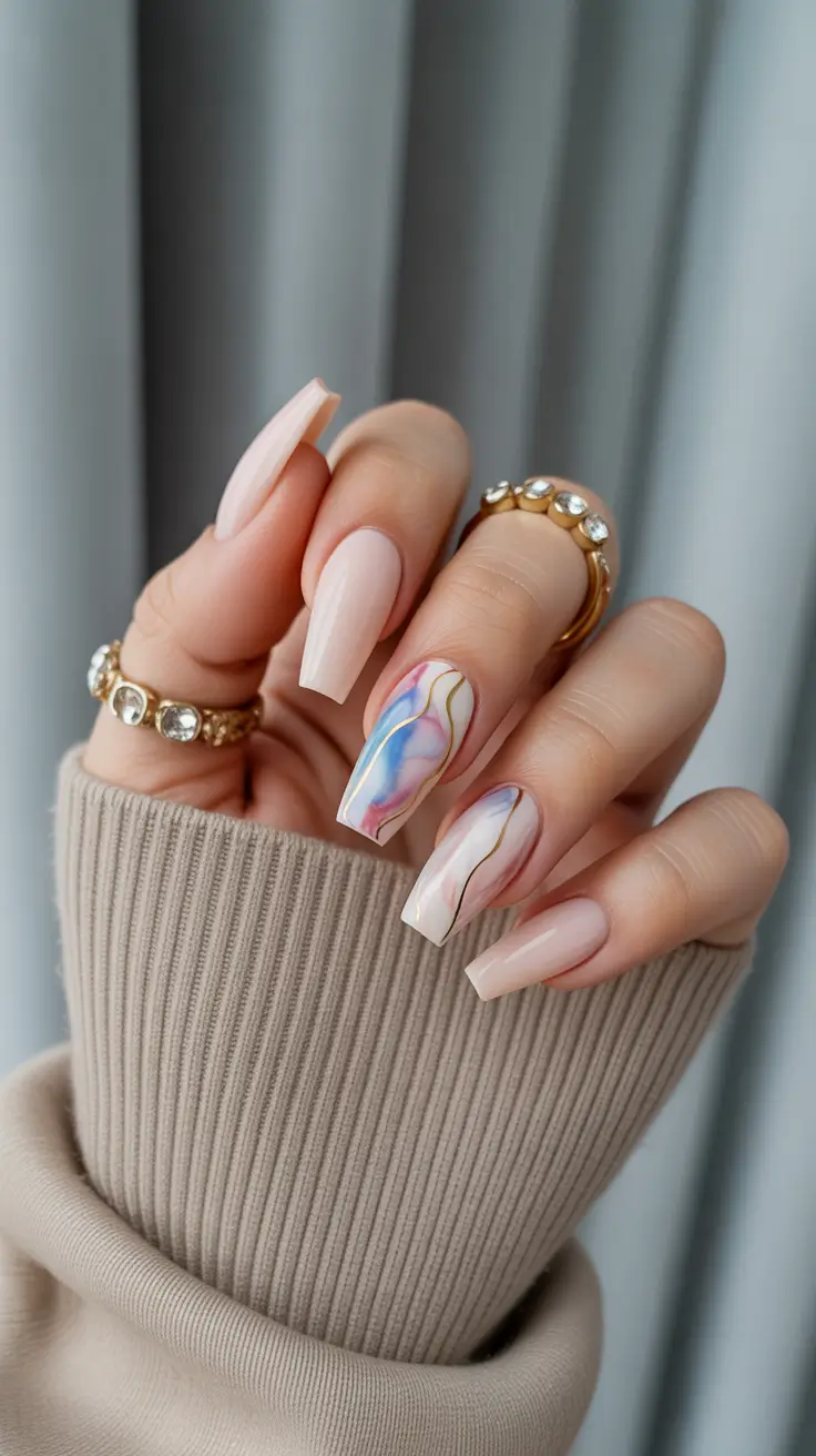 cute spring ballerina nails 2026 Neutral Marble with Gold Lines