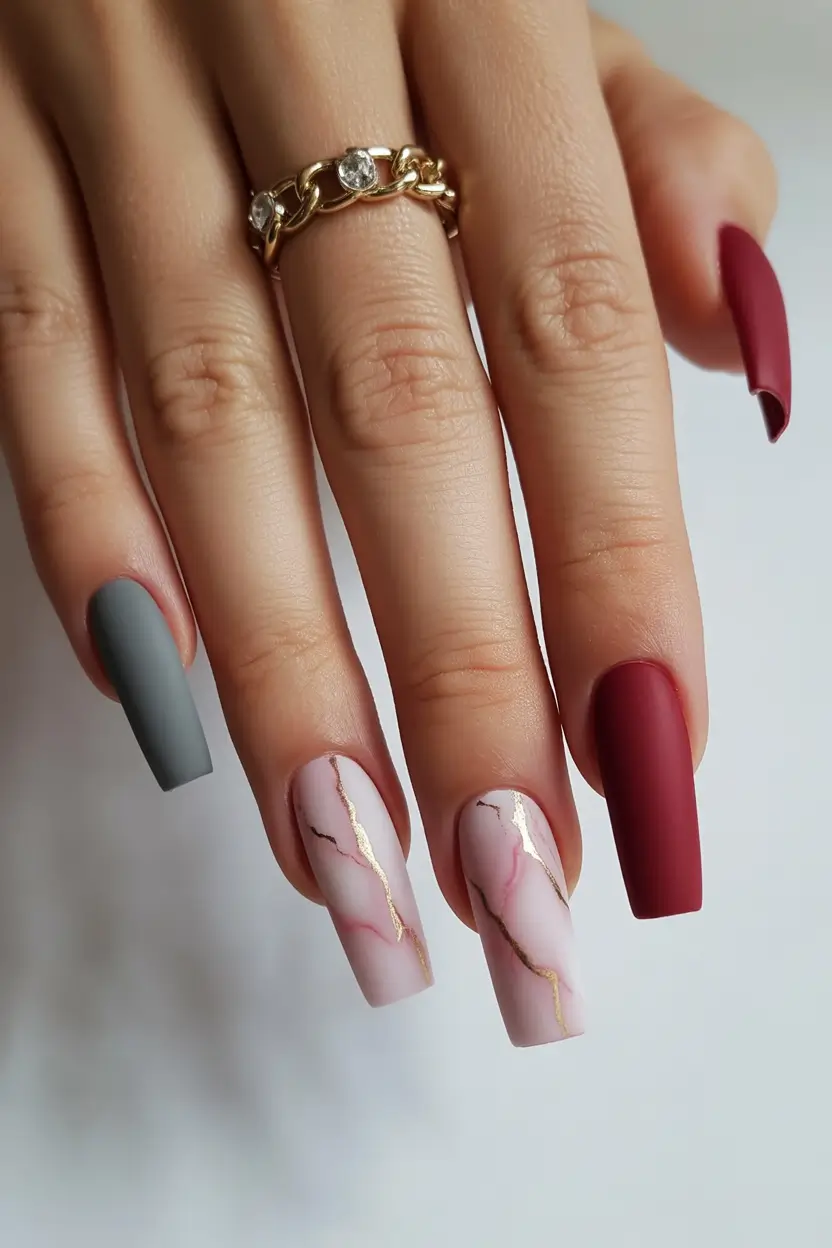 cute spring ballerina nails 2026 Matte Blush and Marble Mix