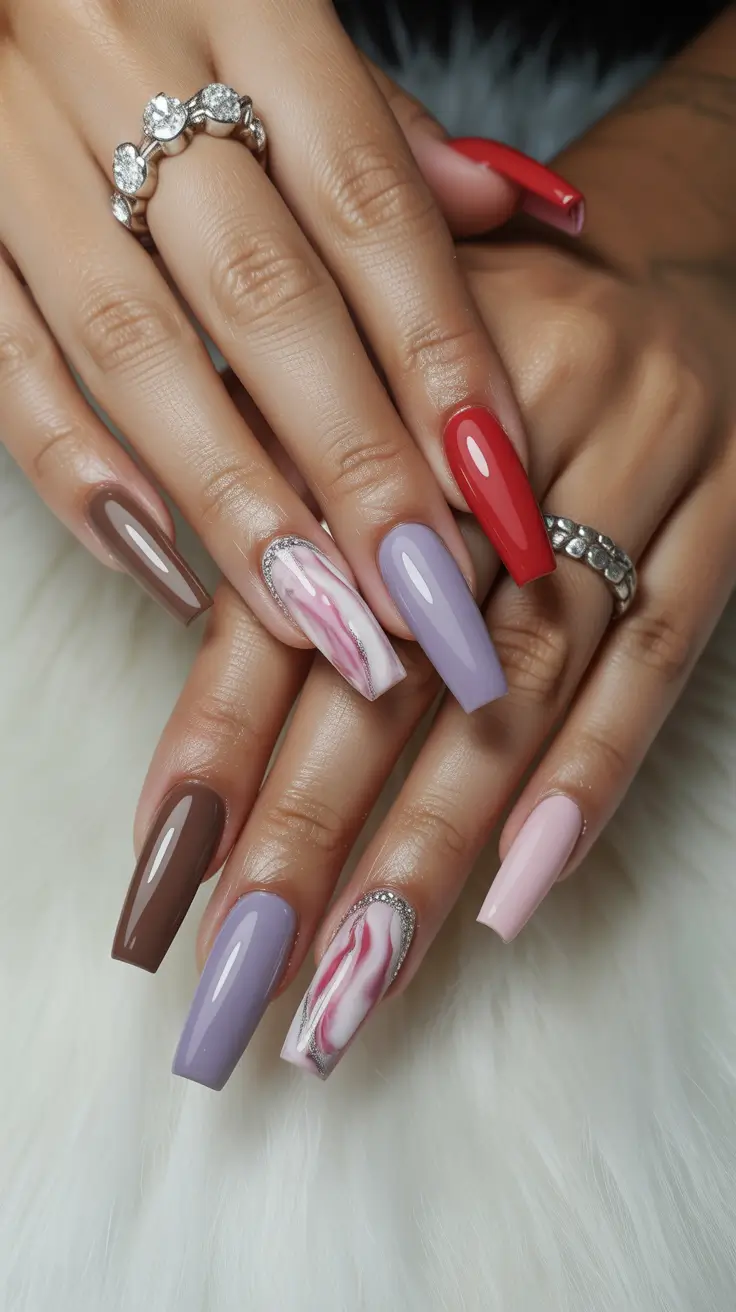 cute spring ballerina nails 2026 Glossy Cocoa and Lavender Swirl