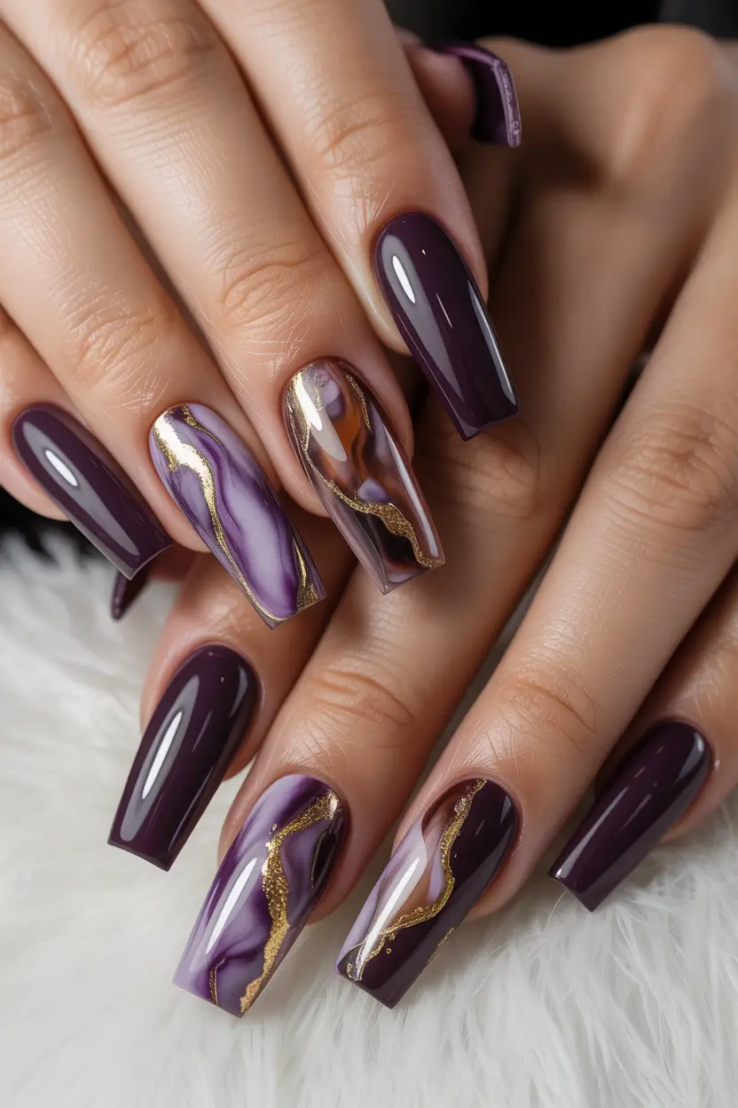 cute spring ballerina nails 2026 Deep Plum and Gold Veins